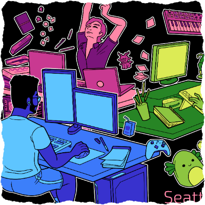 Flatted: A commission for the Seattle Indies, featuring three game developers working at floating desks.